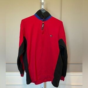 Vintage 90's Tommy Hilfiger Collared Embroidered 1/4 zip red sweater preppy L